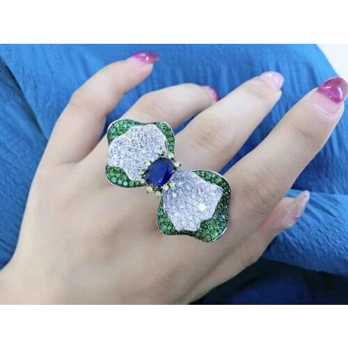 925 sterling silver with cubic zircon bowknot ring adjustable size blue green color double layers fine women jewelry
