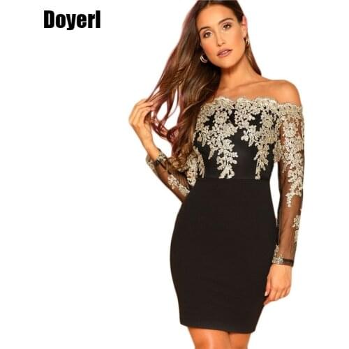 Floral Embroidery Lace Dress Women Long Sleeve Mesh Mini Elegant Party Dress Sexy Autumn Slim Off Shoulder Bodycon Club Dress
