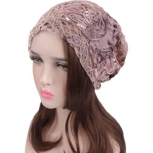 Fashion Womens Ethnic Hat Elegant Style Beanies Lace Sequined Large Flower Ear Cap Czapka Mesh Beanies#P2