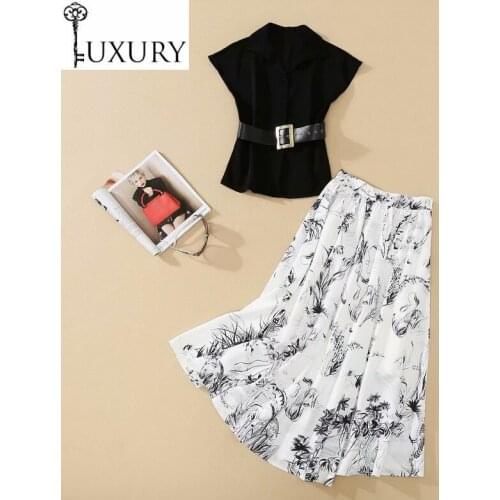 Fashion 2020 Suits Autumn Women Turn-down Collar Black Tops Shirts + Vintage Print Long Maxi Skirt Set Ladies Casual Suit