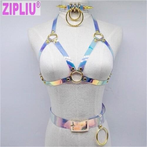 Fashion Sexy Harajuku Handmade Dance set Laser holographic Choker Necklace harness punk buttom belt TOP Bra torques club party
