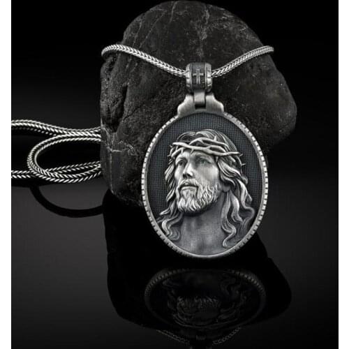 Man necklace Paired pendants Christ Jesus Pure Tin Old Pendants Mens Religious Catholic choker ​Amulet Vintage Medal Jewelry