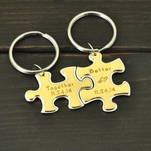 Puzzle Set Keychains,Custom Date Keychain,Engrave Puzzle Pendant,Couple Keyring,Gift for Him/Her,Vanlentines Day Gift