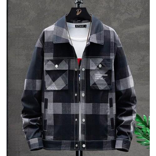 Autumn and winter new denim jacket mens Korean fashion fashion brand Plaid casual Lapel work jacket mens