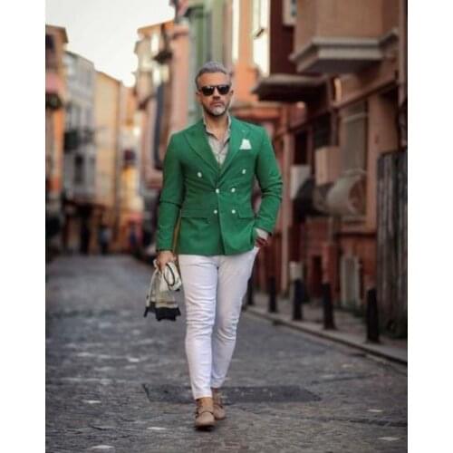 Summer Green Jacket White Pant Slim Fit Wedding Costume Suit for Men Groom Suits Tuxedos Groomsmen Party Suits Wedding Tuxedo