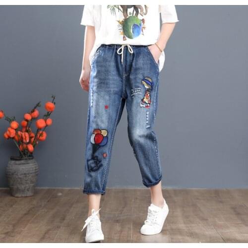 Plus Size Womens Blue Jeans Embroidery 8/10 Cropped Denim Pants