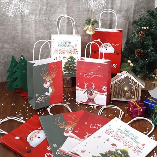 10pcs/Set Christmas Kraft Paper Bag New Year Gift Packing Sack Elk Santa Claus Xmas Tree Portable Festive Banquets Hand Bag