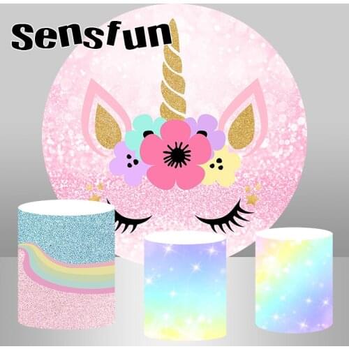 Pink Glitter Unicorn Theme Round Backdrop Cover Rainbow Color Bokeh Girls Baby Shower Newborn Birthday Party Background Custom