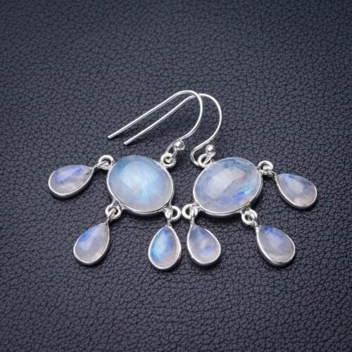 StarGems Natural Rainbow Moonstone Handmade 925 Sterling Silver Earrings 1.5" D7264