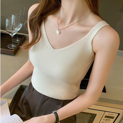 LJSXLS All-match V-Neck Knitted Tank Tops Women Summer Sexy Slim Sleeveless Camisole Female Solid Color Casual Womens Clothes