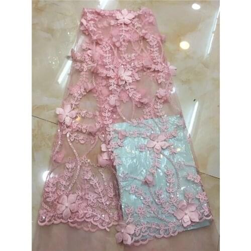 Latest Nigerian 3D Flower Tulle Lace French Net Beaded Lace Fabric For Nigerian Wedding Embroidery African Lace Fabric pink