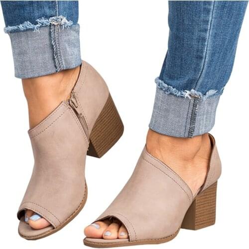 Spring Women Pumps Slip-On Peep Toes Women Leather Sandals Med Square Heel Pumps Mules Wedges Shoes For Women