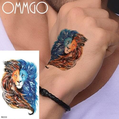 OMMGO Lion Galaxy Temporary Tattoos Sticker For Men Women Colorful Fake Tatoos Body Art Arm Tattoo Blue Waterproof Tatoos Women