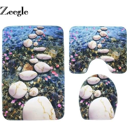 Zeegle 3pcs/set 3D Shallow Printed Bathroom Carpet Set Soft Flannel Toilet Lid Cover Floor Mats Anti-slip Bath Mats Toilet Rugs