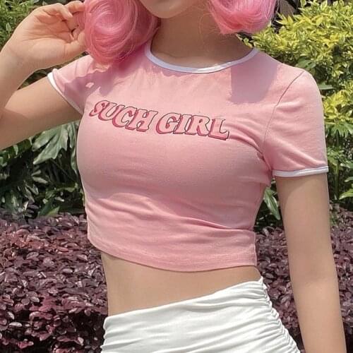 Women Summer New Cute Pink Letter Printed Tight-Fitting T-Shirt Short Crop Top Pink Skin-Friendly Comfortable Simple/ Fashion