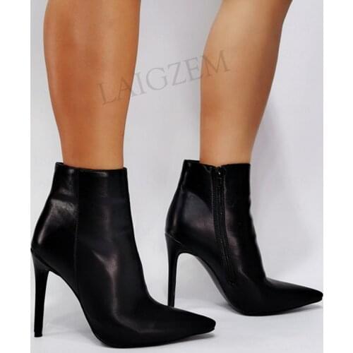 SEIIHEM Women Ankle Boots Side Zip Black Pointy Toe Slim High Heels Boots Party Dress Ladies Shoes Woman Large Size 41 43 44 47