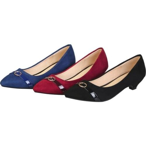 Ladies Buckle Wedges Pointy Toe Flock Low Heel Shoes Stiletto Zapatos Femme Talon Comfortable Cute Shoes Wide Fit 48-33 Black