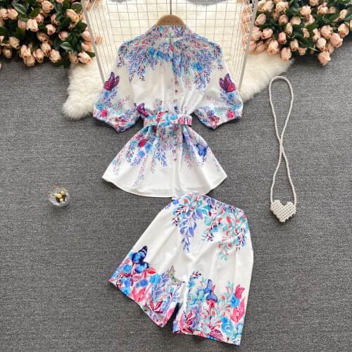 Europe 2021 Summer Women Short Sleeve Retro Floral Print Shirts + Wide Leg Shorts Two Piece Set With Belt Female Suits Outfit