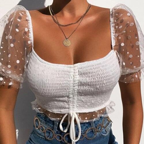 Foridol Polka Dot Mesh Crop Top Women Short Sleeve Ruched Summer Tulle Blouse Tops Casual See Through Short Tops Sexy 2021