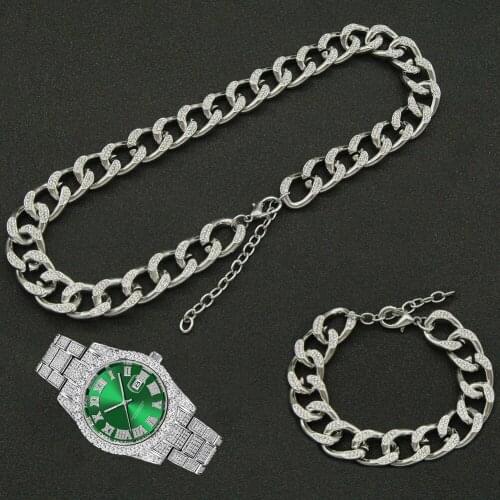 Hip Hop 16MM 3pcs Kit Full Iced Out Paved Rhinestone Choker Miami Adjustable Cuban Necklace+Watch+Bracelet For Men Women Jewelry