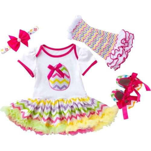 Baby Dress Cotton Dress printed Fashion Lovely Baby Cartoon bow romper Short sleeve dress+Headband+Lace color socks+shoes 4pcs