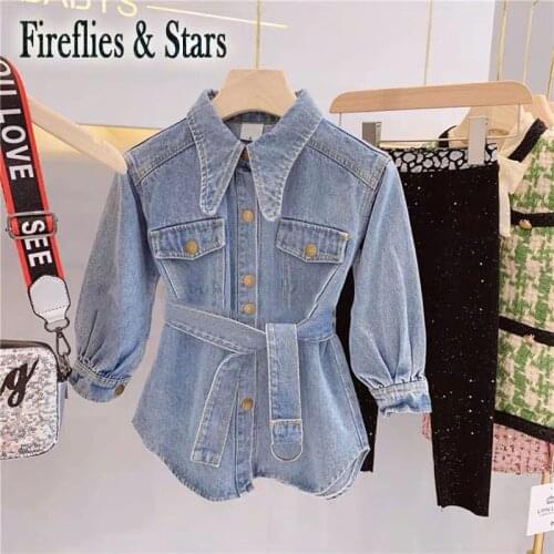 Spring Autumn girls dress jacket baby denim dress children fashion outwear kids streetwear coat v collar waistband 3 to 8 yrs