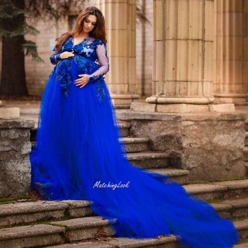 Royal Blue Long Maternity Dress Appliqued Bead Baby Shower Maternity Gown Photoshoot Lingerie Bathrobe Nightwear Pregnancy Gowns