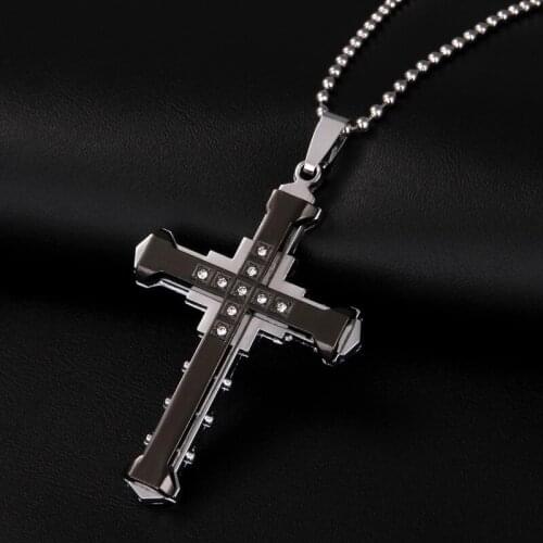 Men Titanium Steel Necklace Gold Color/Black/Blue Cross Pendants CZ Stone Necklaces for Male Fashion Stainless Steel Jewelry