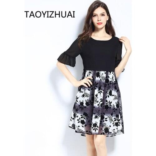 New summer Chiffon floral oversize dress Brand casual loose breathable 5-point lotus sleeve plus size dress