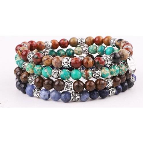 New Design Fashion Natural Stone Beaded Vintage Silver Tube Elastic Beads Bracelet Women