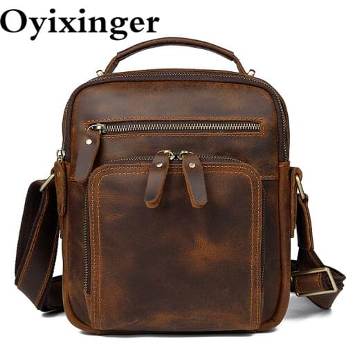 Oyixinger Vintage Crossbody Bag Crazy Horse Men Messenger Bags Genuine Leather Casual Travel Handbag Business Male Shoulder Bag