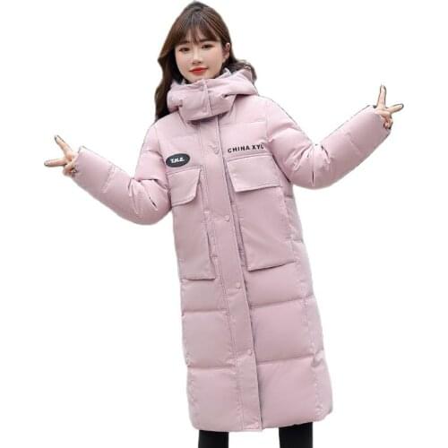 Women Winter Hooded Contrast Color Big Pocket Letters Long Coat Puffer Jacket Cotton Padded Parkas Outwear Overcoat