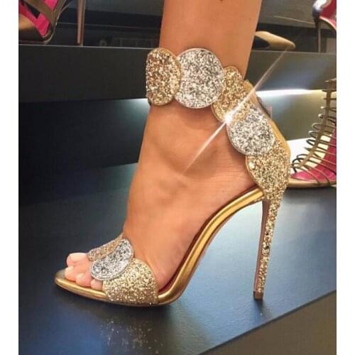 Sexy Gold Bling Bling Glitter High Heel Sandals Women Summer Open Toe Big Ankle Strap Gladiator Sandals Shoes 2019 Lady Shoes