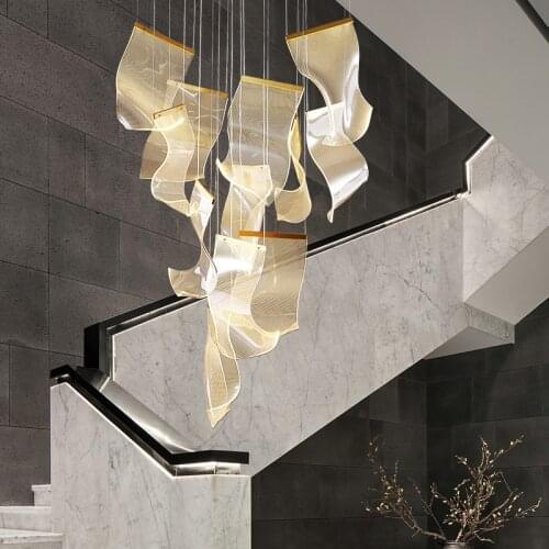 Postmodern Creative LED Chandelier Lighting Duplex Rotating Staircase Light Guide Hanging Lamp Living Room Adjustable Fixtures