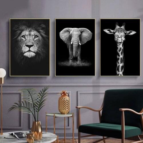 Elephant Zebra Lion Giraffe Rhino Black White Animal Canvas Painting Art Print Poster Picture Wall Nordic Decoration