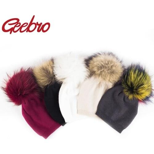 Geebro Childrens Knit Hexagonal Cashmere Beanie Real Raccoon Fur Pom Pom Winter Hat Girl Warm Skullies Bone Kids Baby Soft Cap
