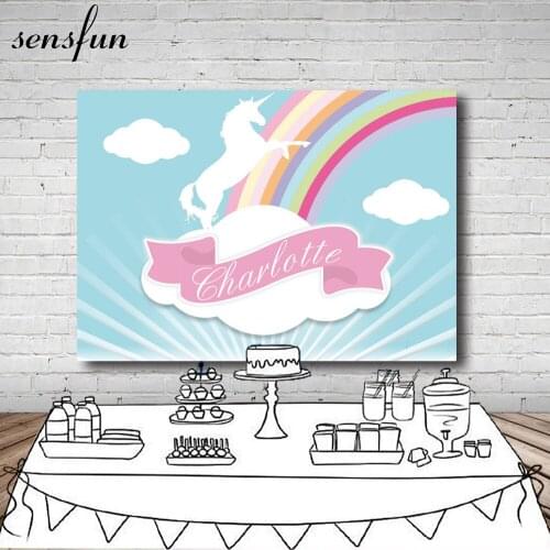 7x5FT Vinyl Sky Blue Theme Unicorn Party Backdrop For Photo Studio Rainbow White Clouds Custom Name Date Backgrounds