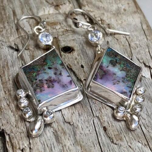 Vintage Pendant Jewelry Colorful Pink Opal Drop Dangle Earrings Lustrous Zirconia Crystal Geometric Metal Earrings with Pearls