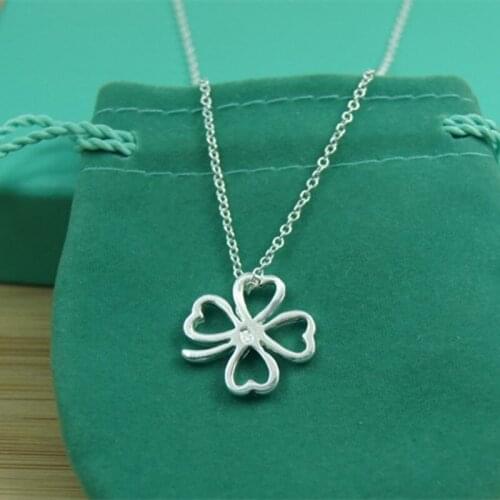 BABYLLNT 925 Silver Four Petals Flowers Pendant Necklace 18 Inch Chain For Women Wedding Engagement Fashion Jewelry Gift