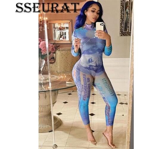 SSEURAT Women Dollar Printed Mesh See Through Chic Jumpsuits Autumn Sexy Skinny Party Club Overalls