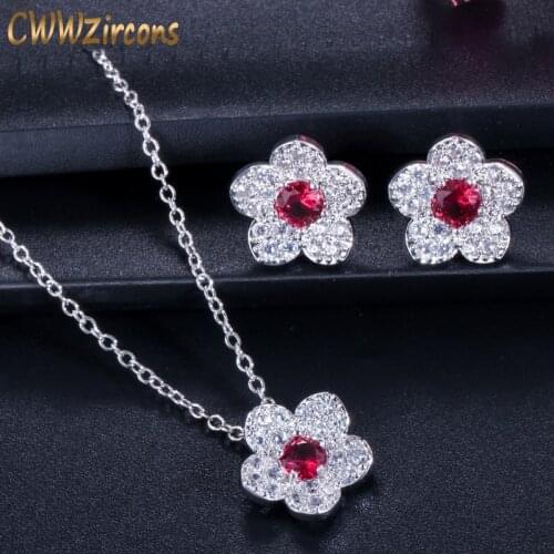 CWWZircons Korean Fashion Brand Ladies Jewelry Red Cubic Zirconia Stone Flower Pendant Necklace and Earring Sets for Women T137