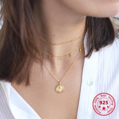 925 Sterling Silver Simple European American Retro Vintage Gold Coins Pendant Choker Clavicle Necklace Women Jewelry