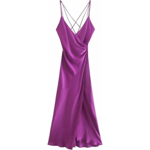 Nlzgmsj Za Women 2021 Women Fashion V Neck Solid Color Pleats Sling Dress Female Chic Inner Style Zipper Split Vestidos 202107