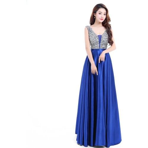 Beauty Emily New V-Neck Beads Bodice Open Back A Line Long Evening Dress Party Elegant Vestido De Festa Fast Shipping Prom Gown