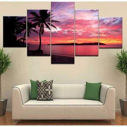 Sunset clouds seaside pink sky 5 Panel HD Print animal modern wall posters Canvas Art Painting For home living room decoration