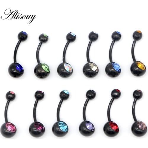 Alisouy Hot 1 PCS Unisex 12 Colors Charm Black Stainless Steel Crystal Ring Body Piercing Jewelry Navel Belly Button jewelry