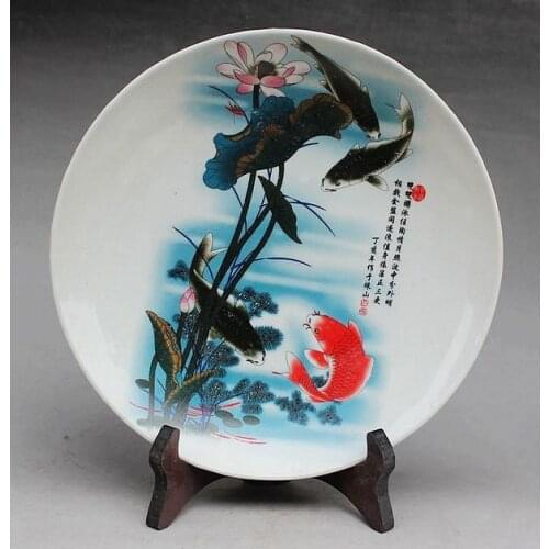 Exquisito chino hecho a mano familia arcaica Rosa porcelana placa pintada con pescado y Loto