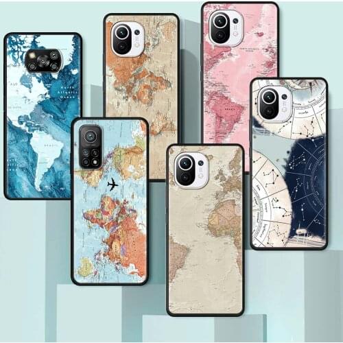 World Map Travel Case For Xiaomi Mi Poco X3 NFC 10T Pro 5G 9T M3 11 Note 10 Lite F1 Black Ultrathin Soft Phone Painted Cover