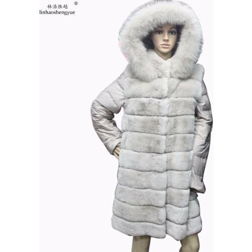 Linhaoshengyue Winter Rex rabbit fur women coat with eiderdown sleeve fashion winter warm Detachable sleeves
