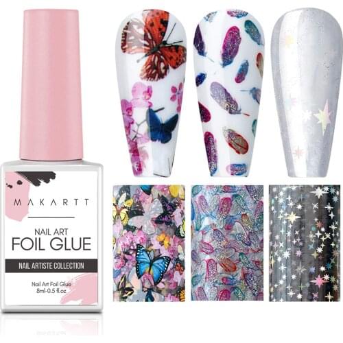 Makartt Nail Art Foil Glue Gel with Butterfly Laser Starry Feather Foil Stickers Set Nail Foil Transfer Tips Manicure Art DIY